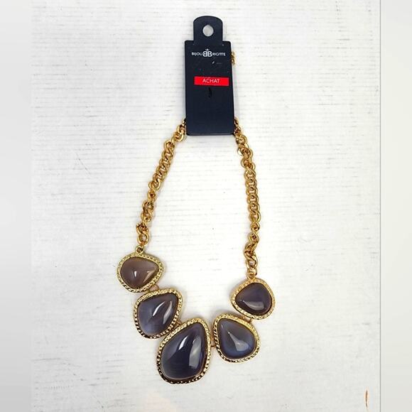 New Purple Agate Pounded Metal Statement Necklace 16 inch New - Picture 1 of 7
